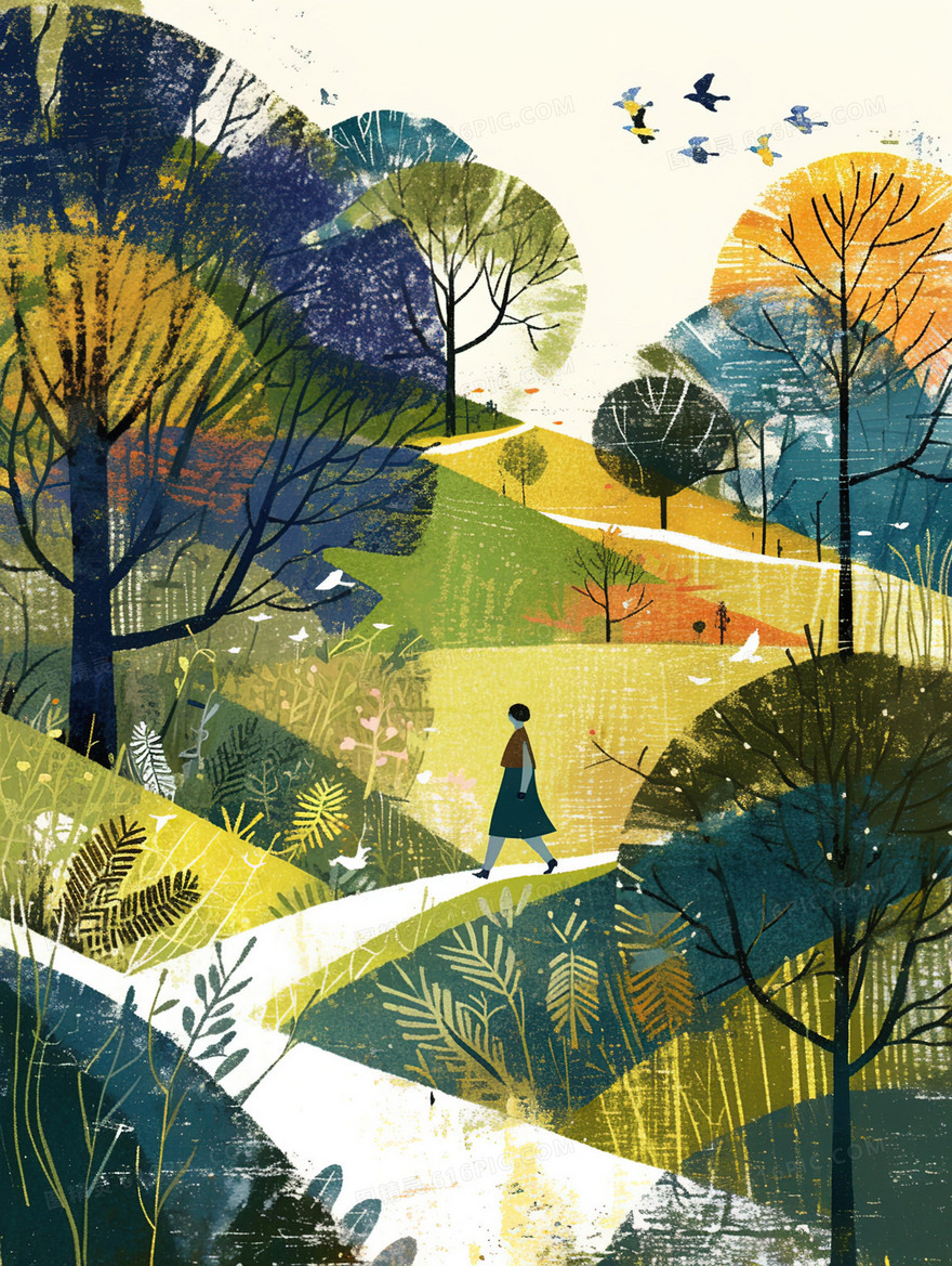 走在乡村小路上的女孩插画