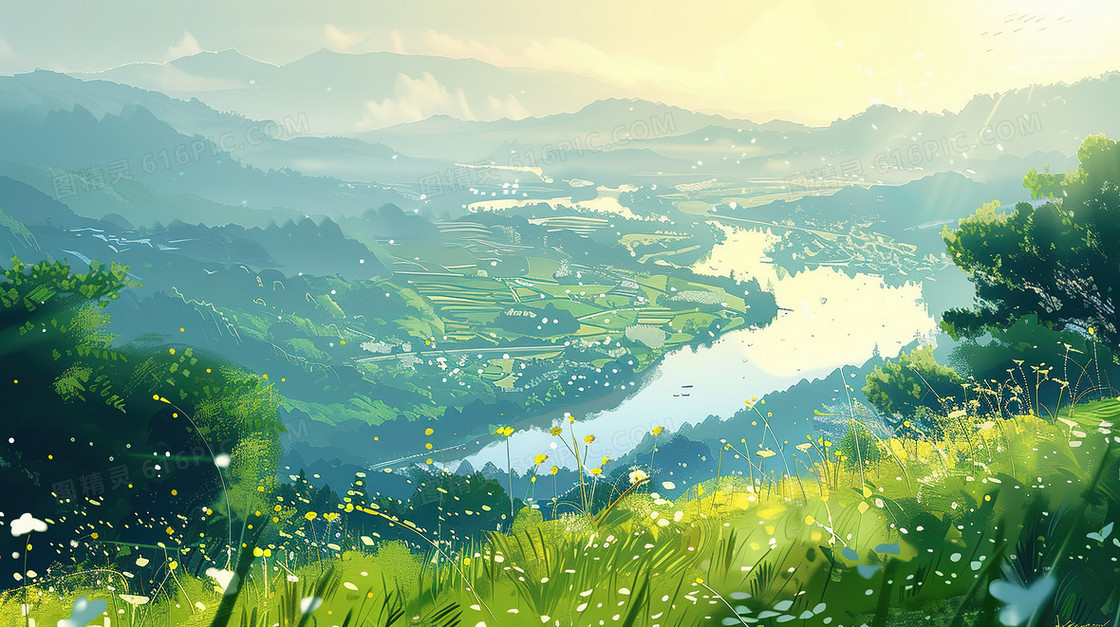 夏天唯美水面风景插画