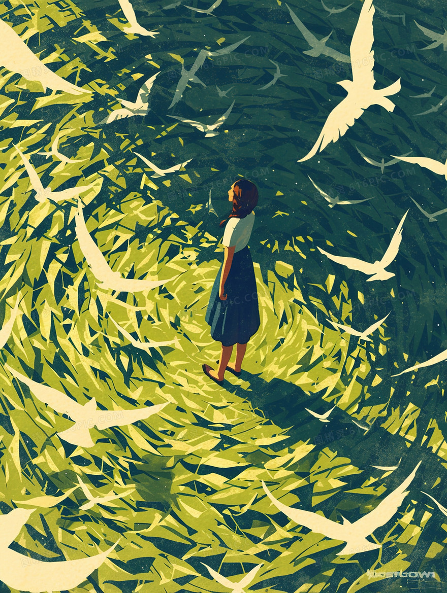 站在草地上的女孩插画