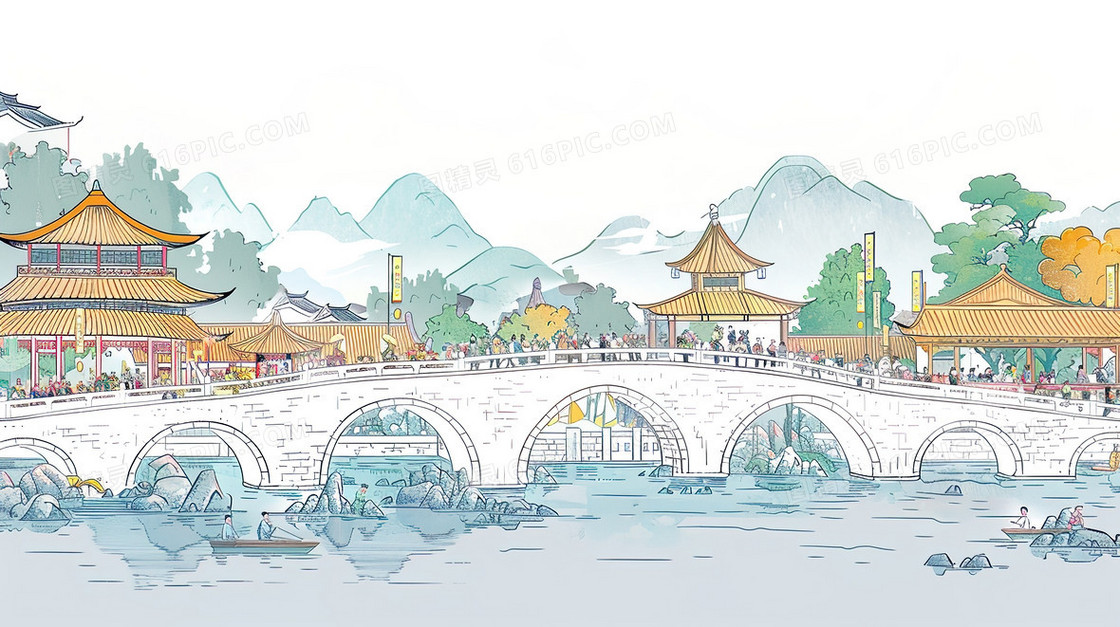 唯美手绘建筑拱桥风景插画