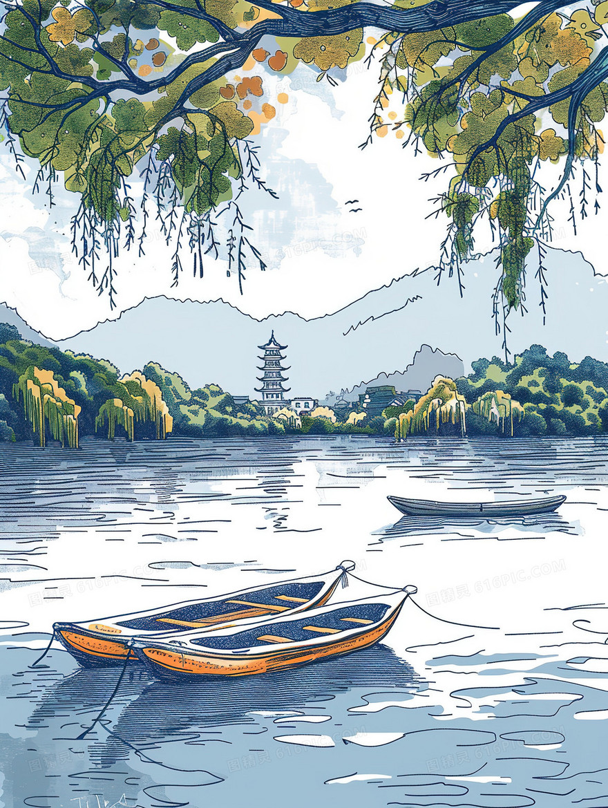 旅游景区水面中的小船插画