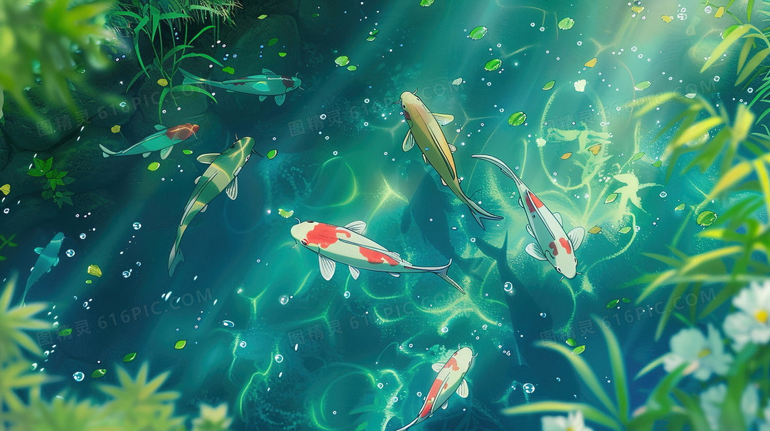 夏季水池中的鱼插画