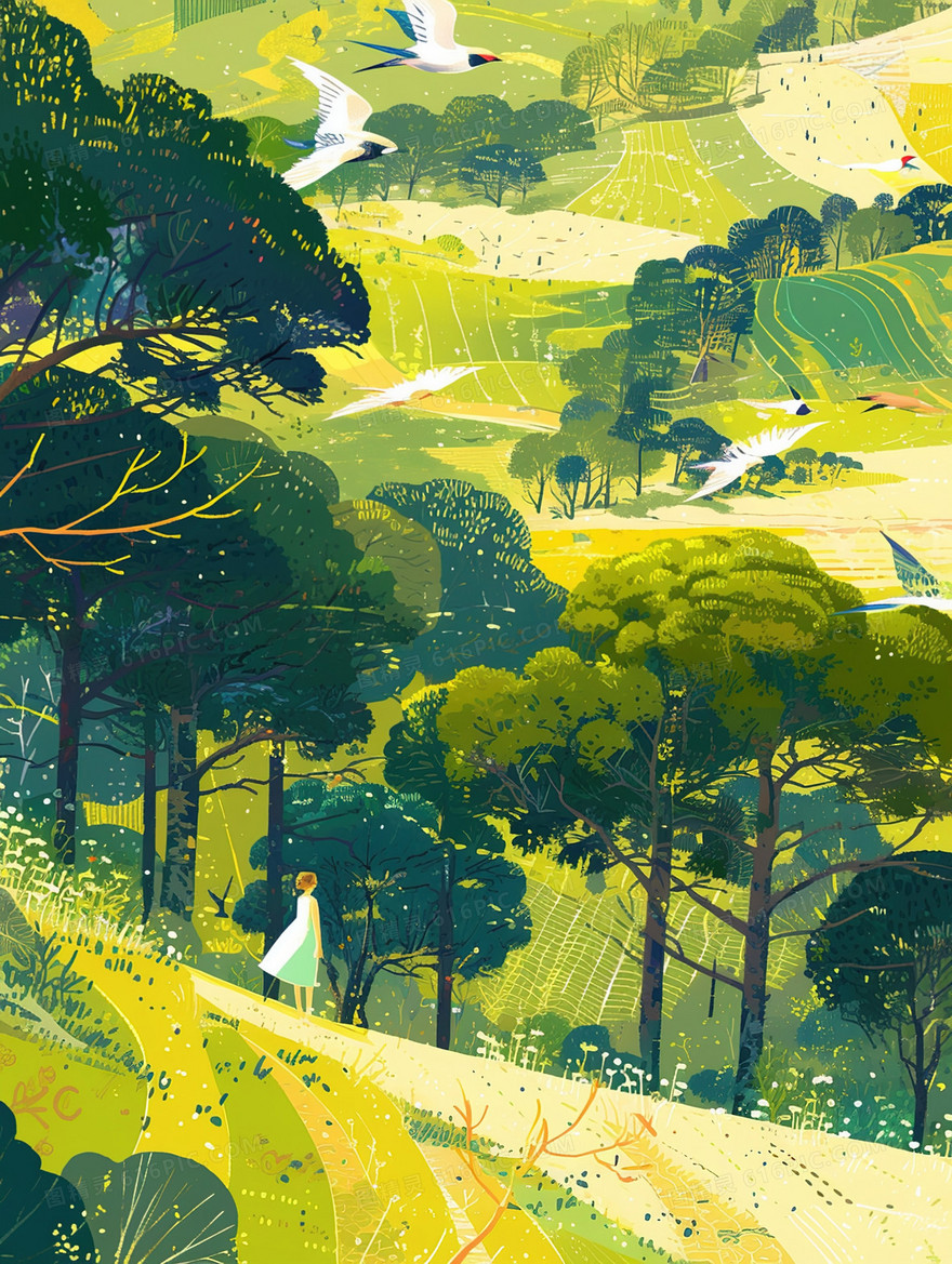 站在草地上的少女插画