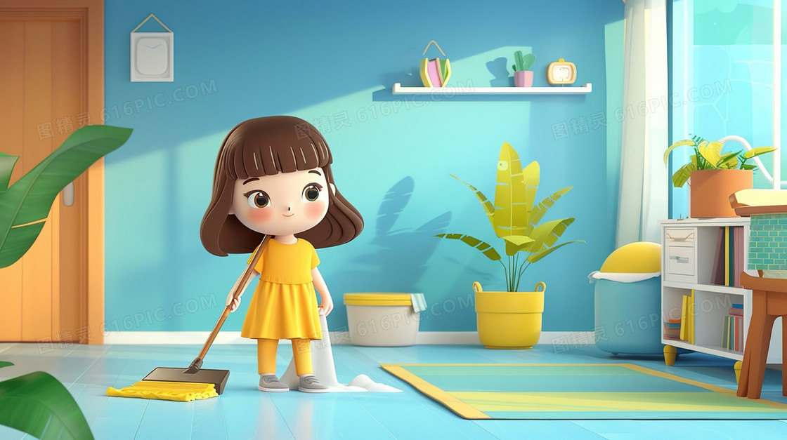 小女孩在家打扫卫生插画