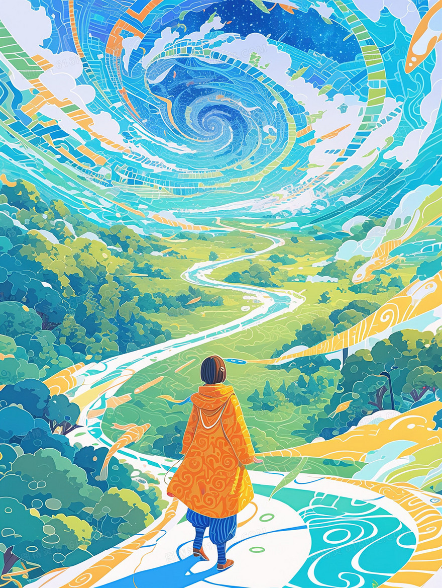 走在乡村道路上的女孩插画