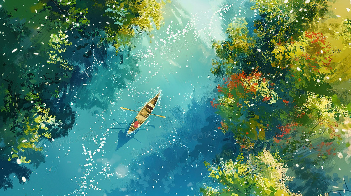 夏天水面划船俯视插画