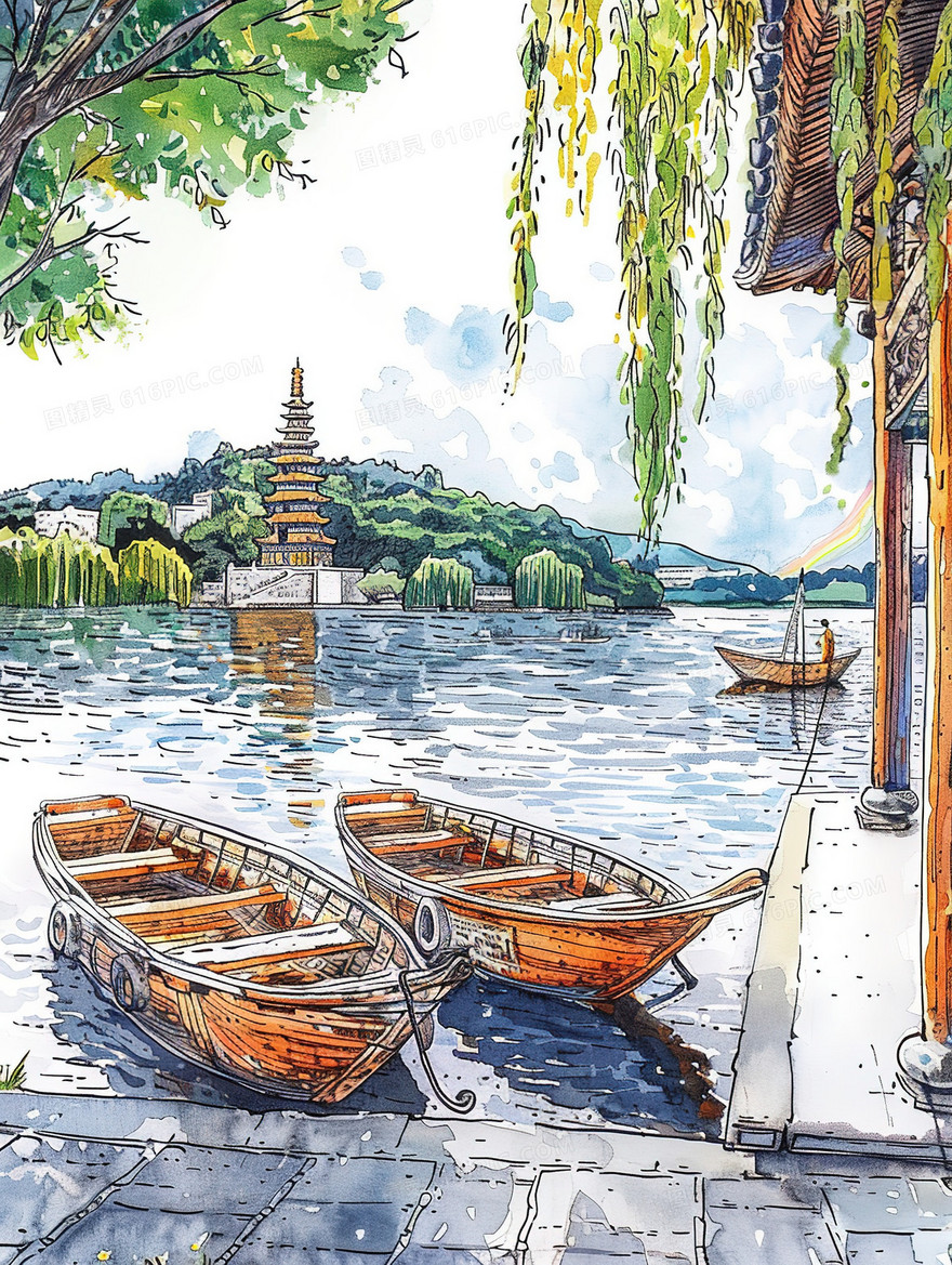 旅游景区水面中的小船插画