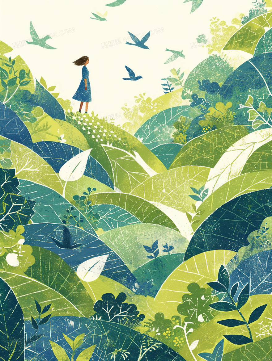 站在草地上的女孩插画