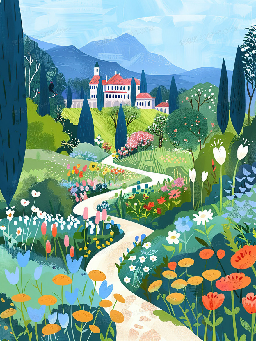 乡间道路树林自然风景插画