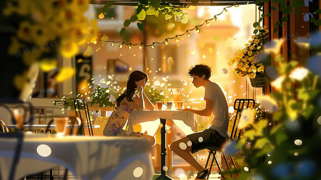 夏季午后休闲喝饮料的情侣插画