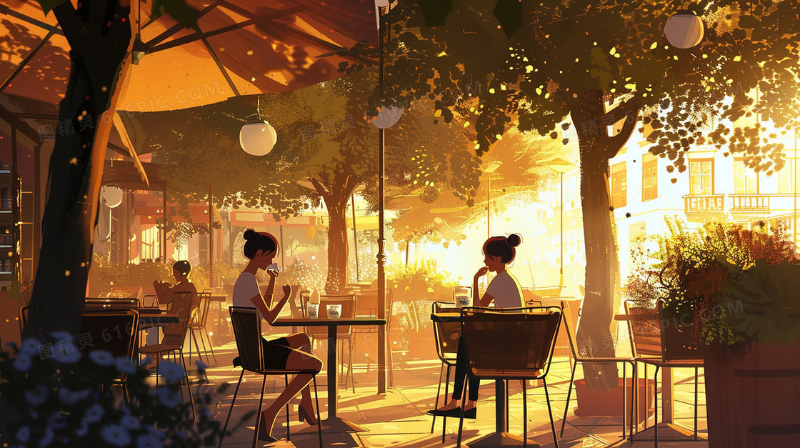 夏季午后休闲喝饮料的女孩插画