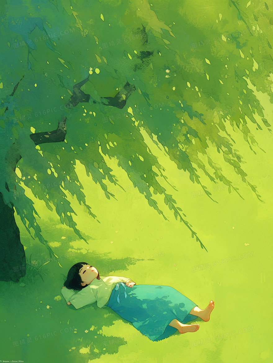 躺在树下睡觉的小女孩插画