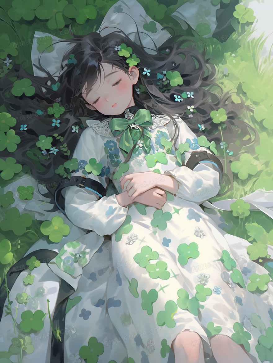 四叶草中的漂亮少女插画
