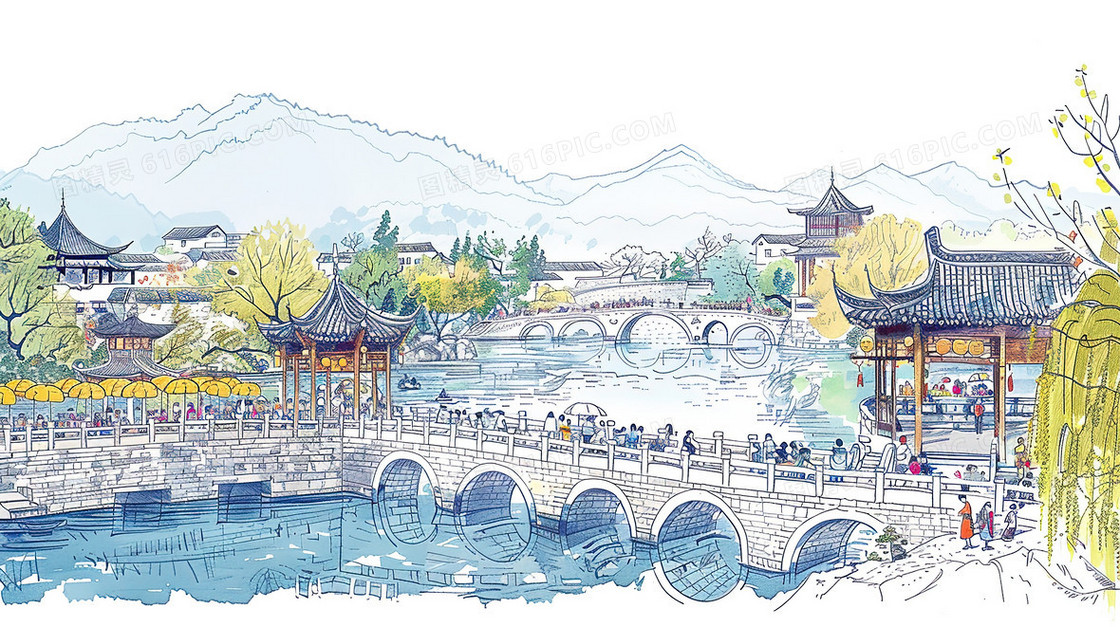 唯美手绘建筑拱桥风景插画