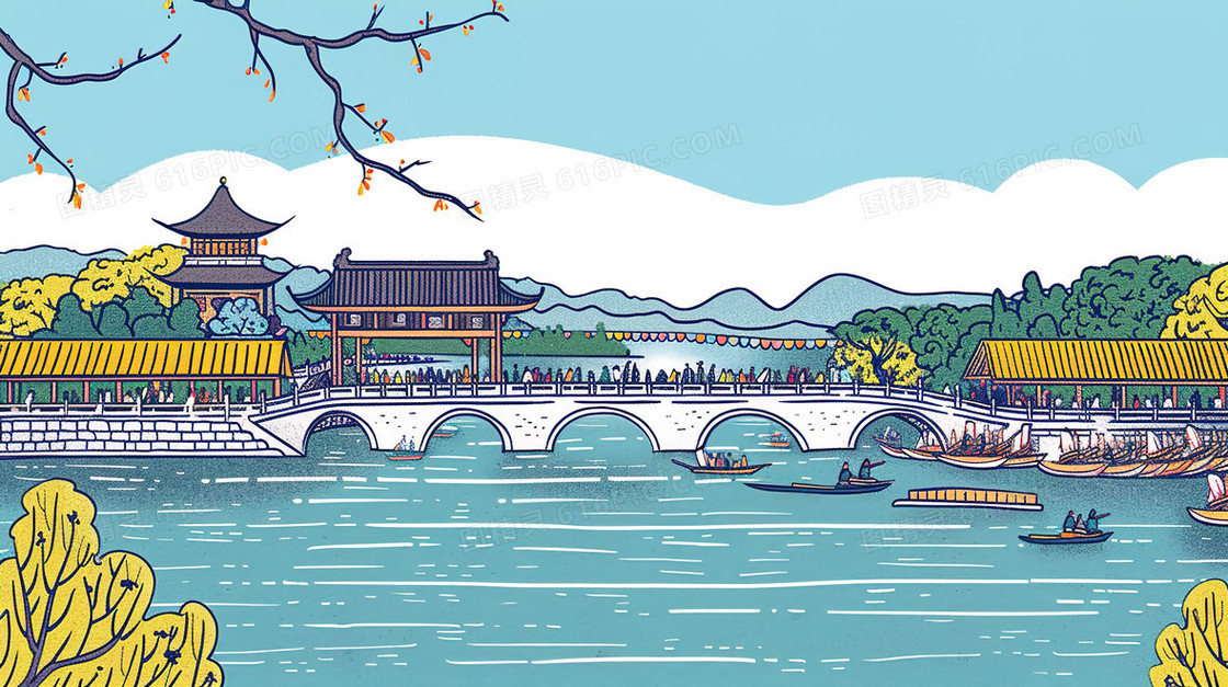 唯美手绘建筑拱桥风景插画