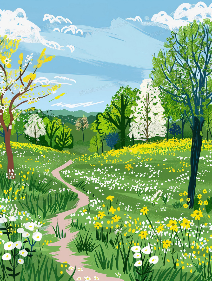 乡间道路树林自然风景插画