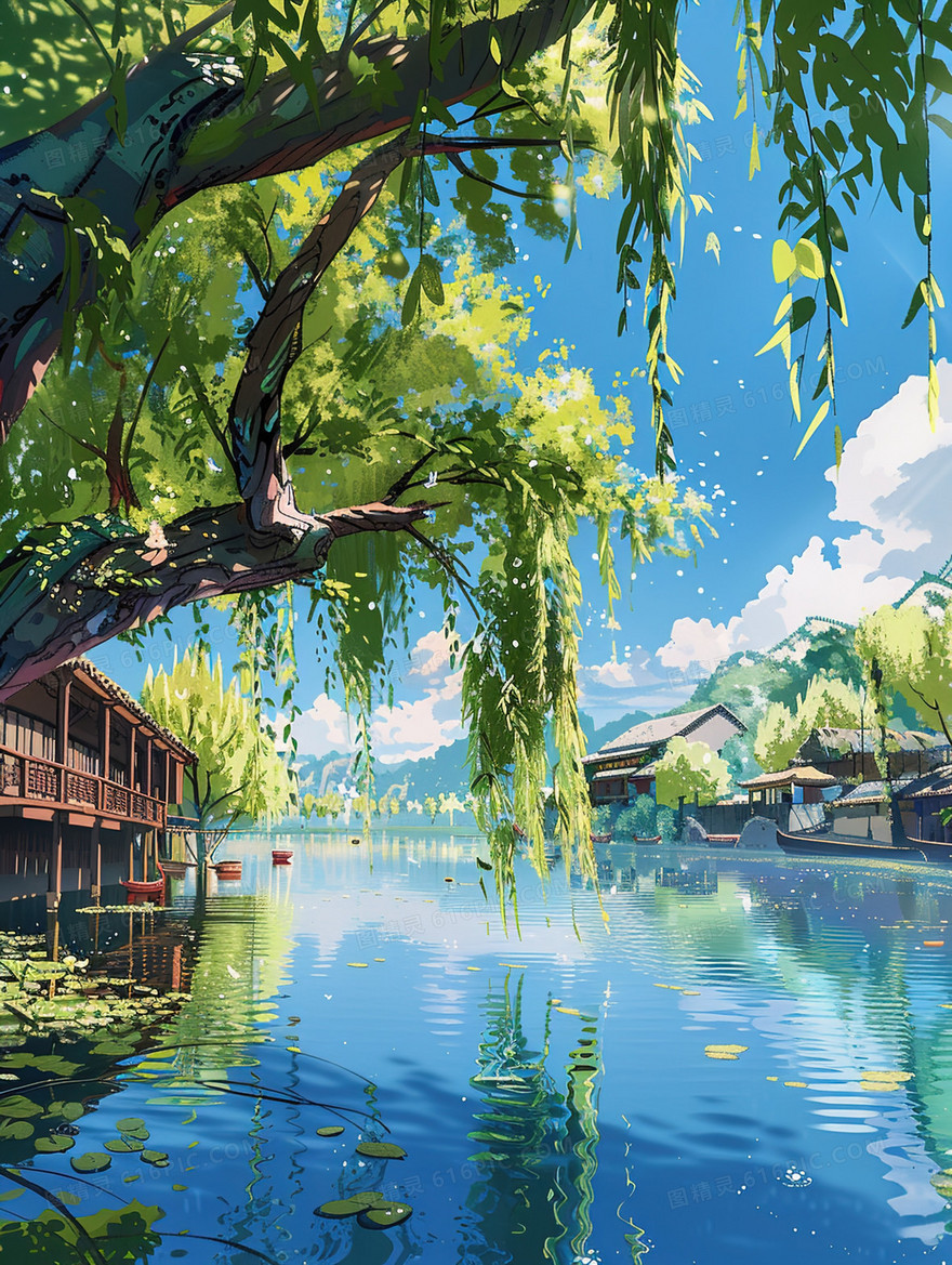 唯美夏季湖边风景插画
