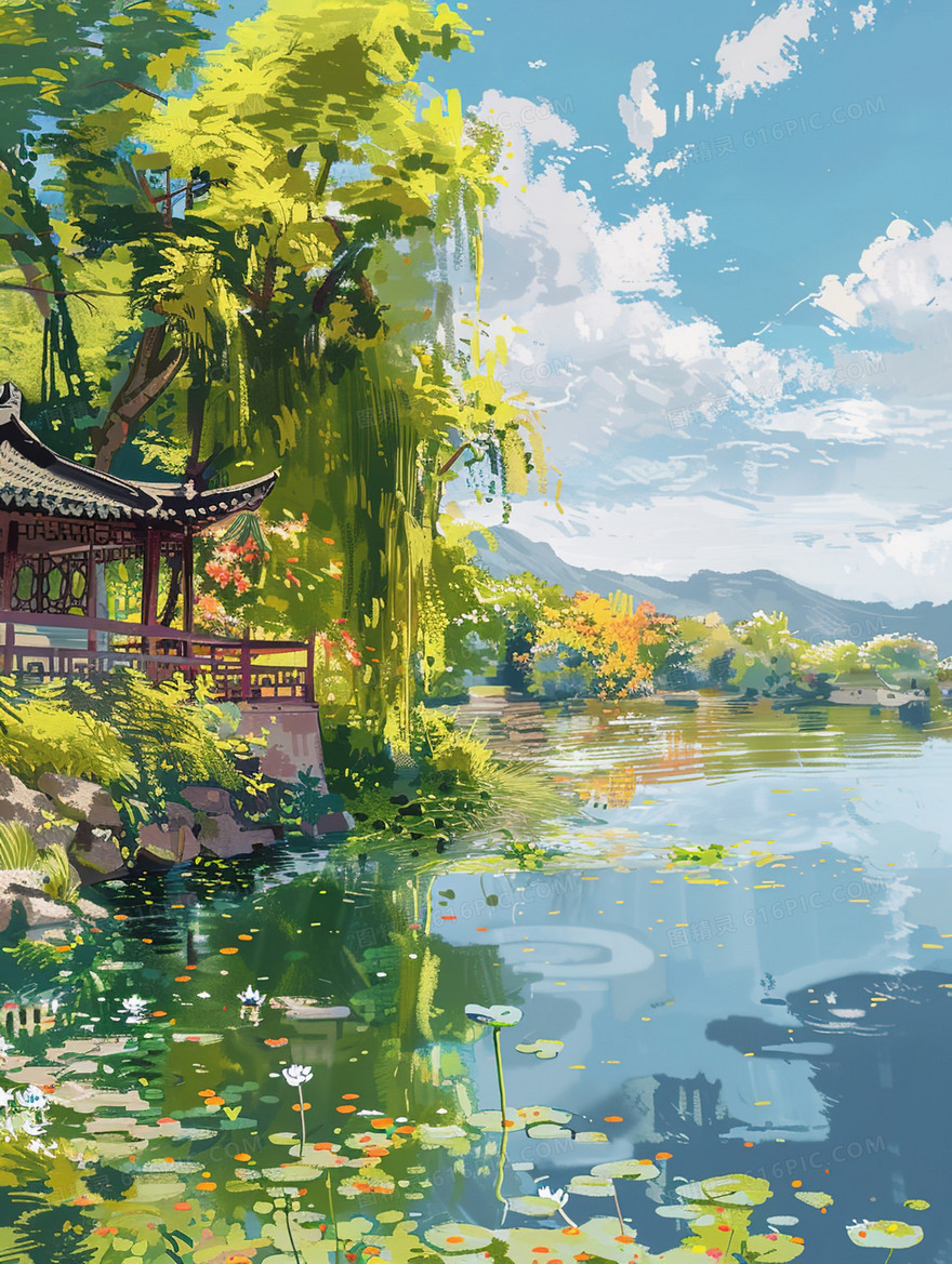 唯美夏季湖边风景插画