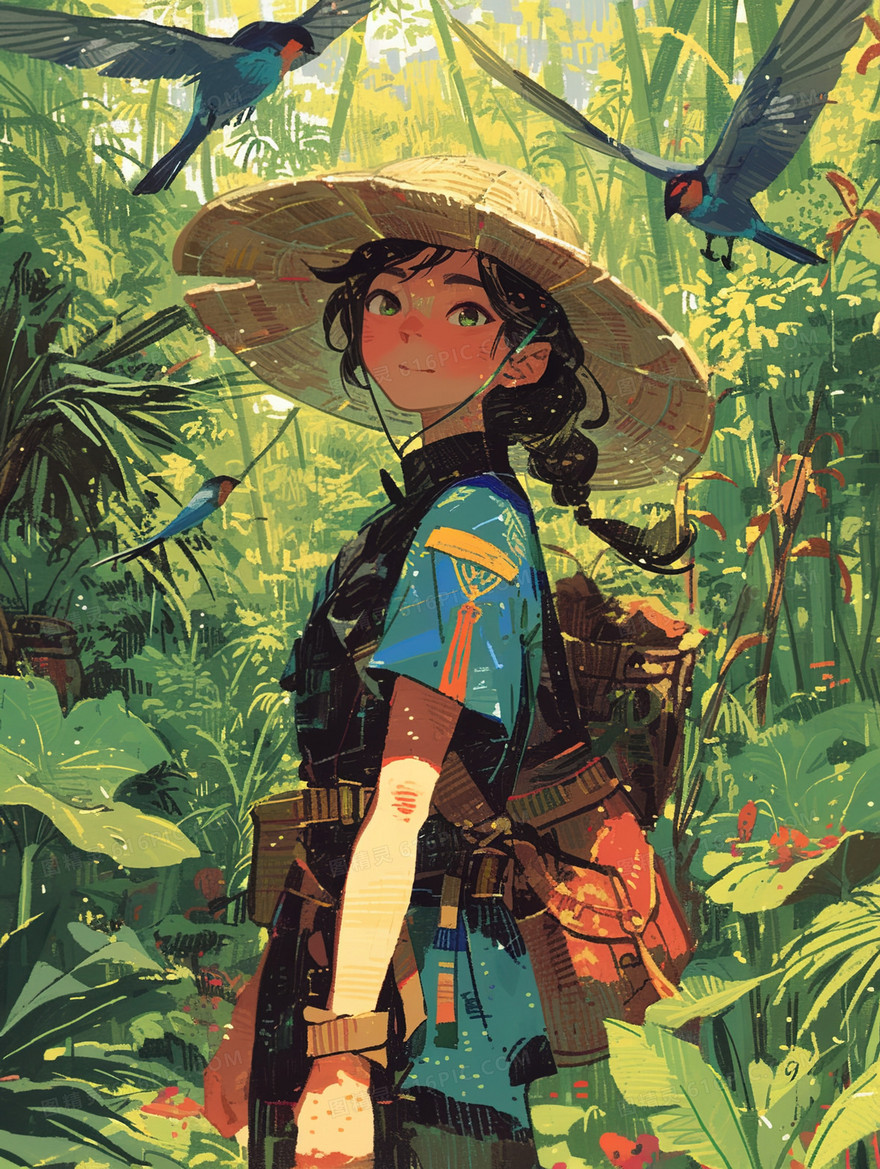 站在草地上的女孩插画