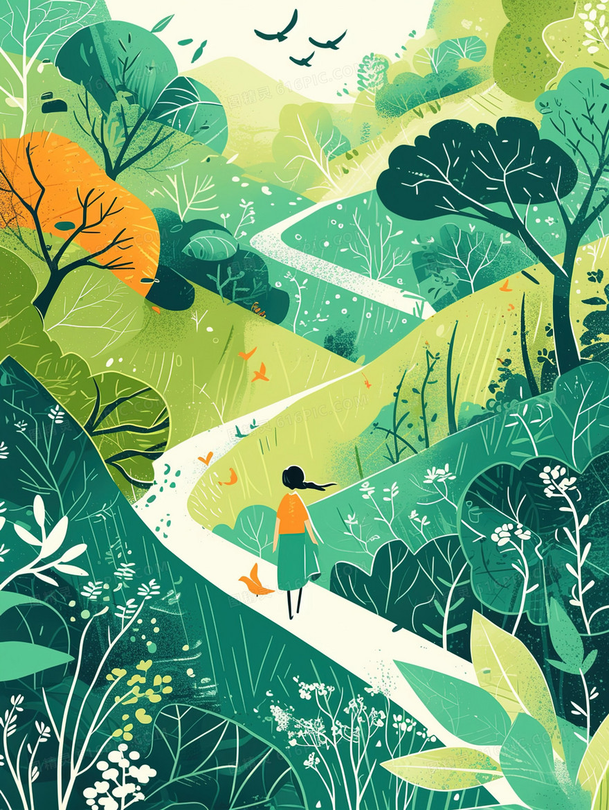 站在草地上的少女插画