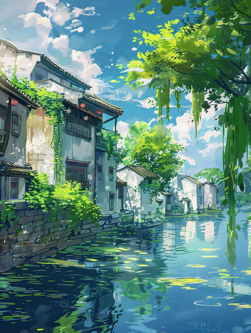唯美夏季湖边风景插画