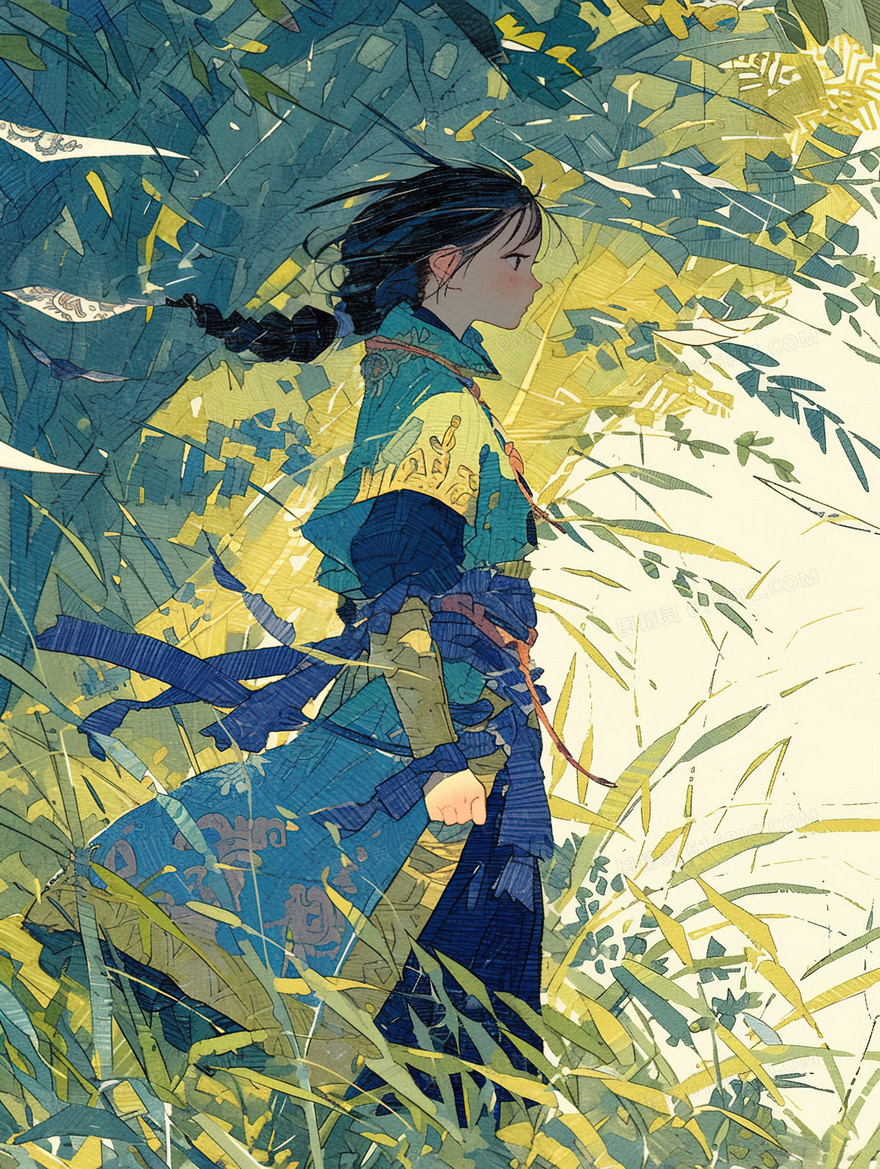 站在草地上的女孩插画