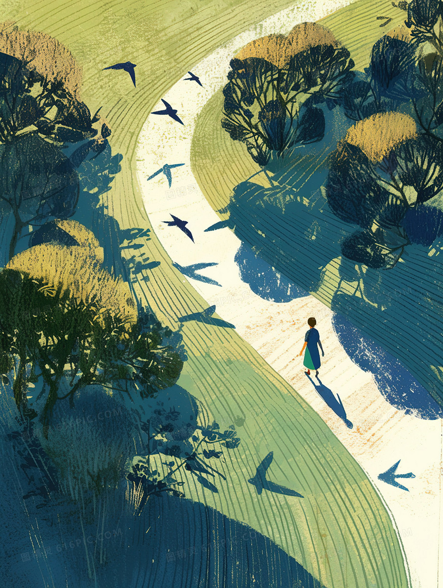 走在乡村道路上的女孩插画