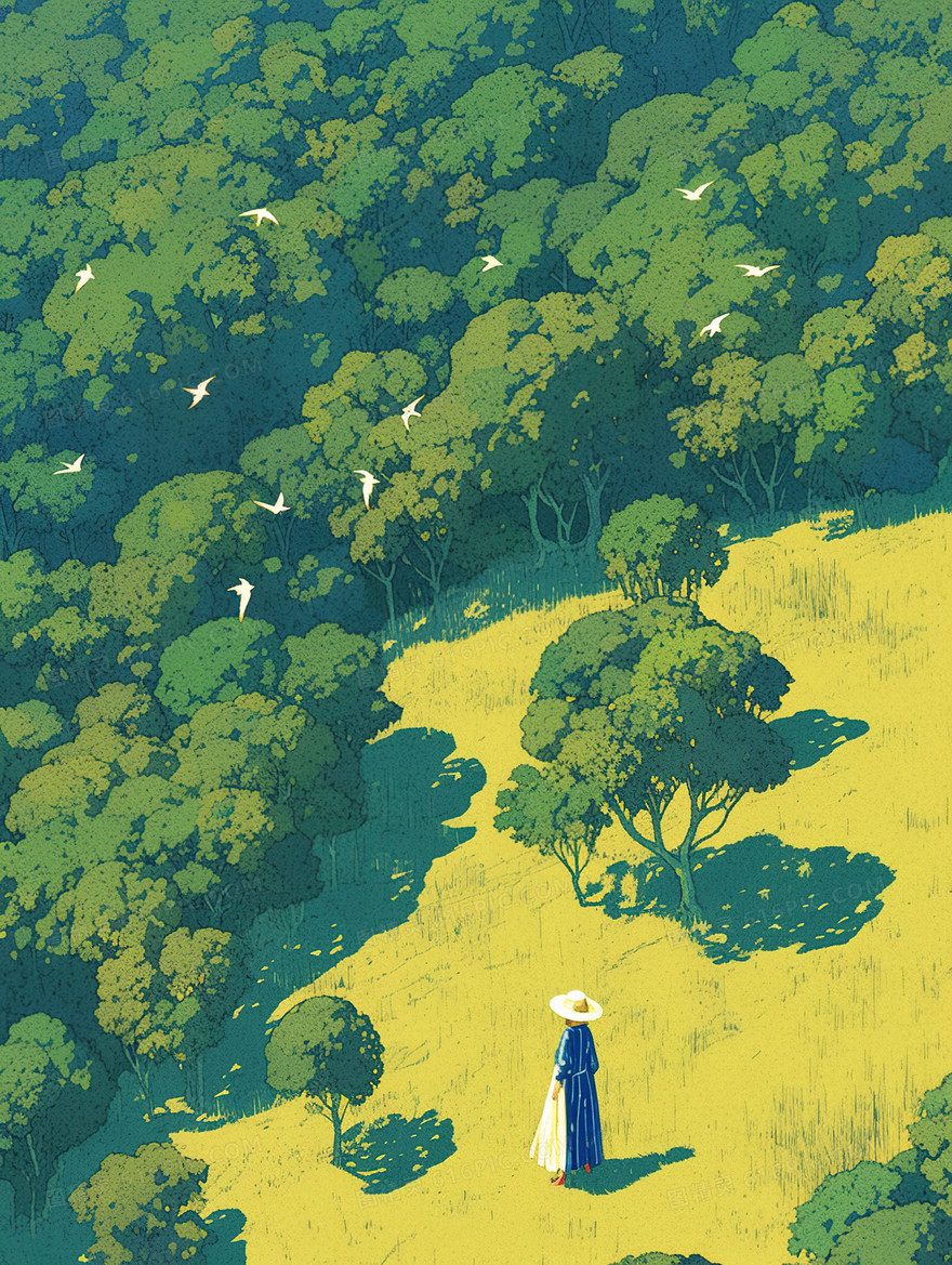 站在草地上的女孩插画