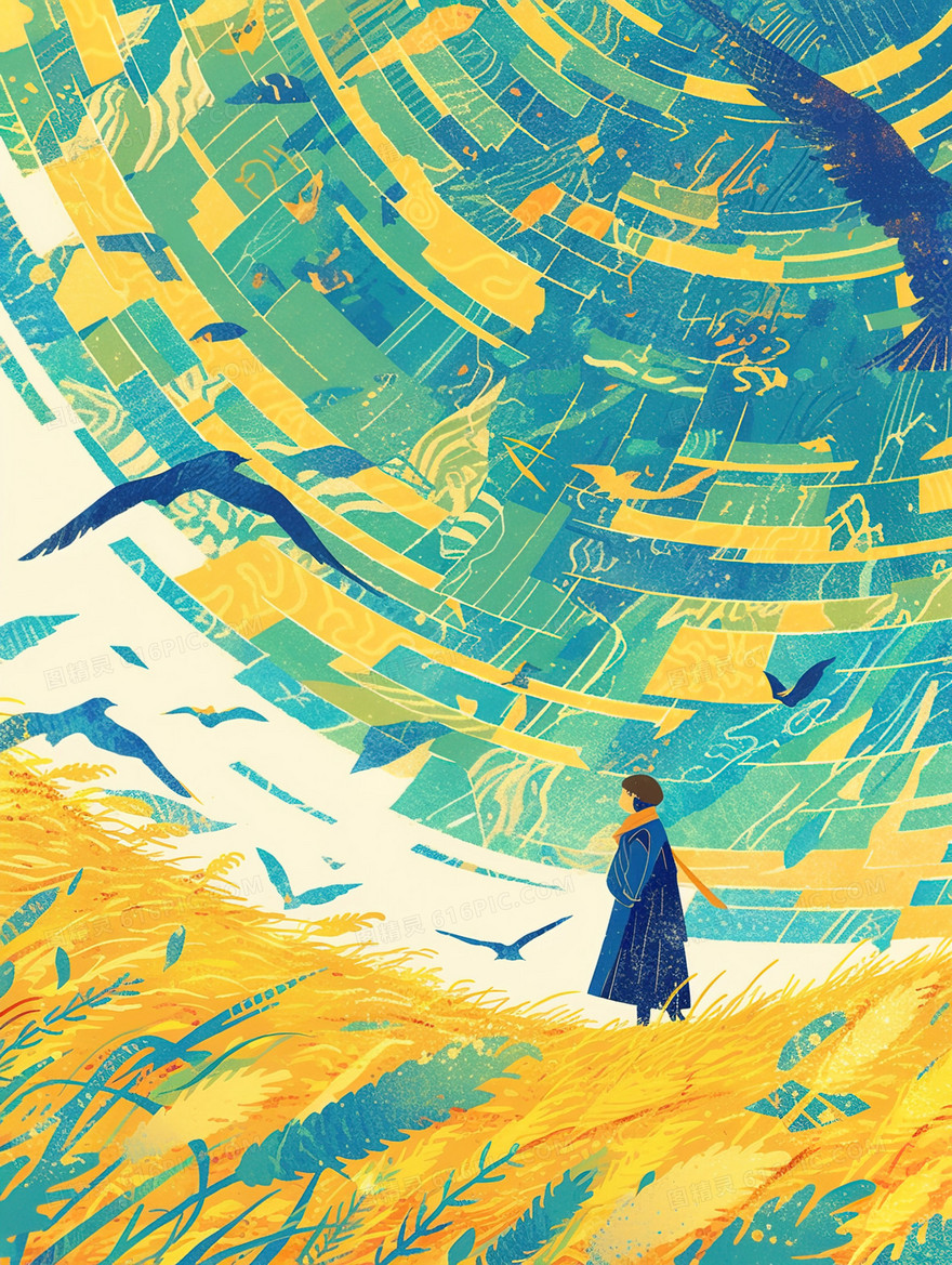 站在草地上的少女插画