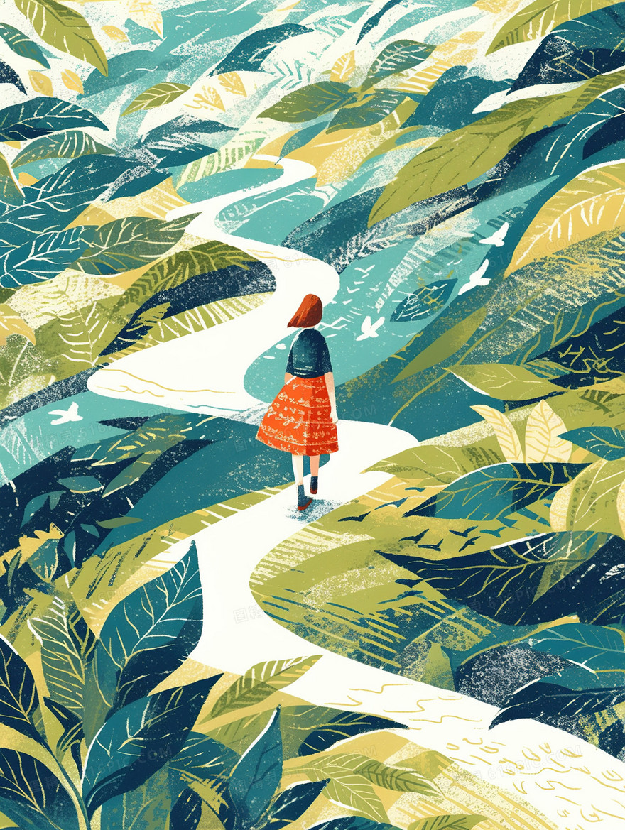 走在乡村道路上的女孩插画