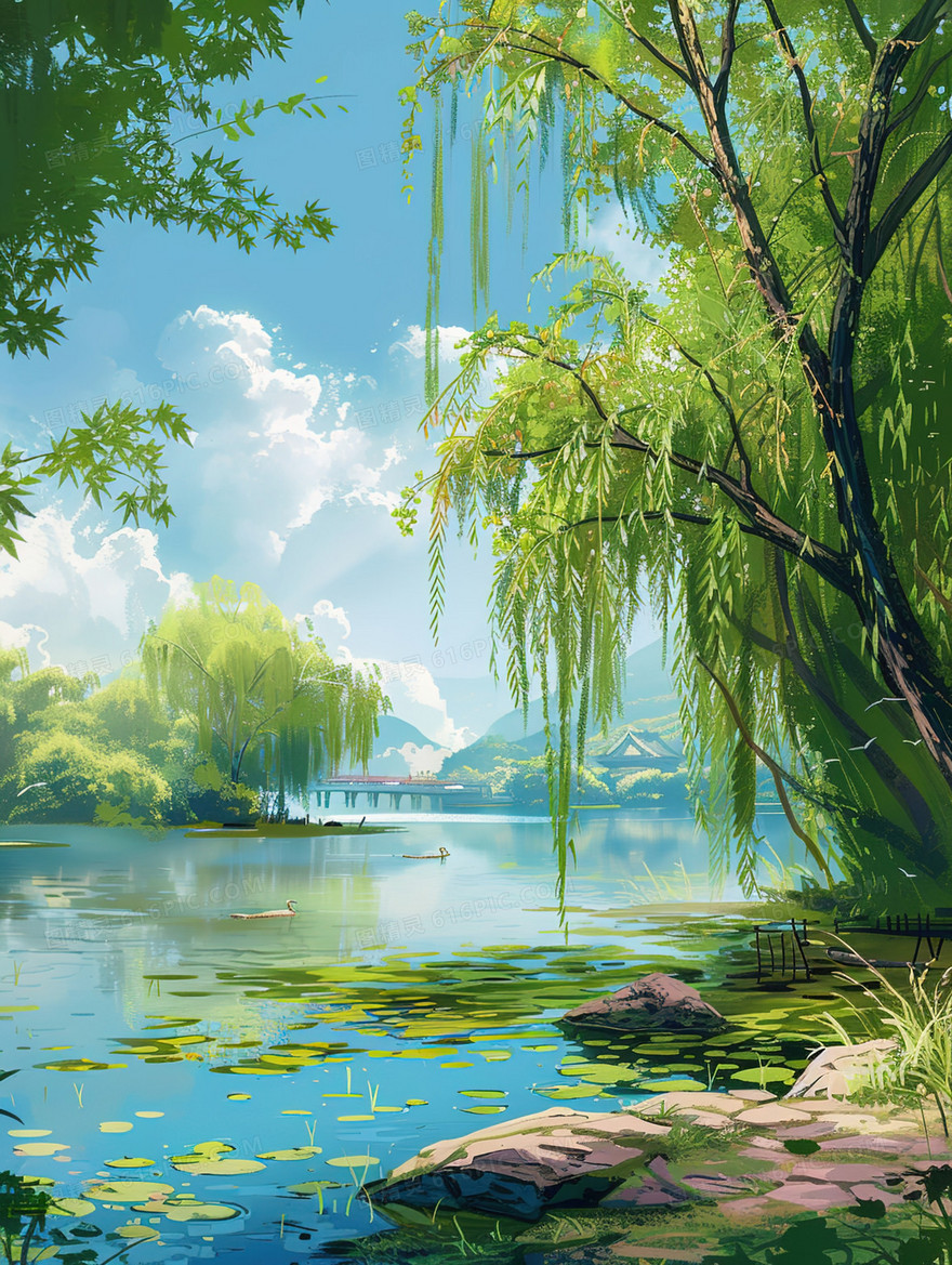 唯美夏季湖边风景插画