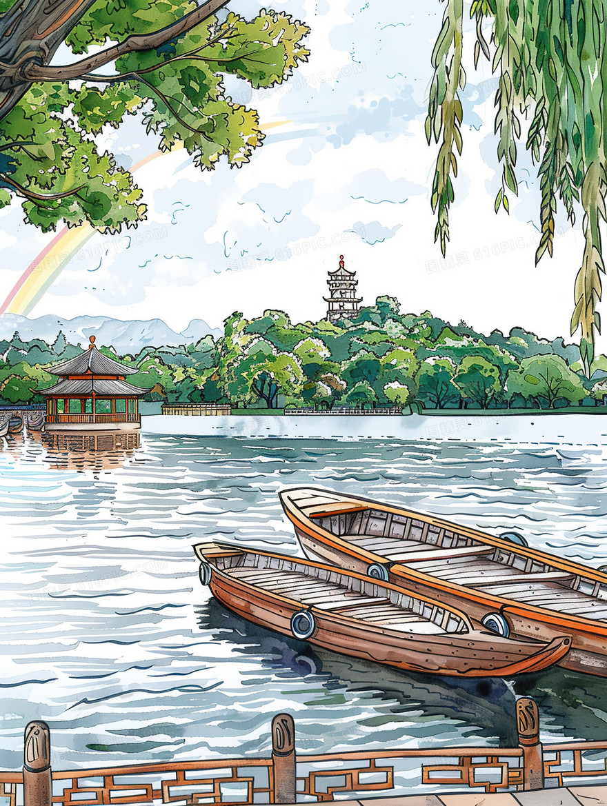 旅游景区水面中的小船插画