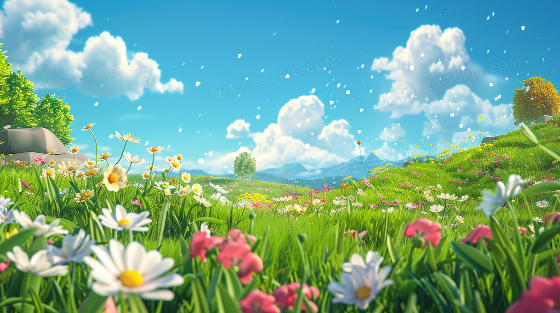 夏天草原上盛开的彩色小野花插画