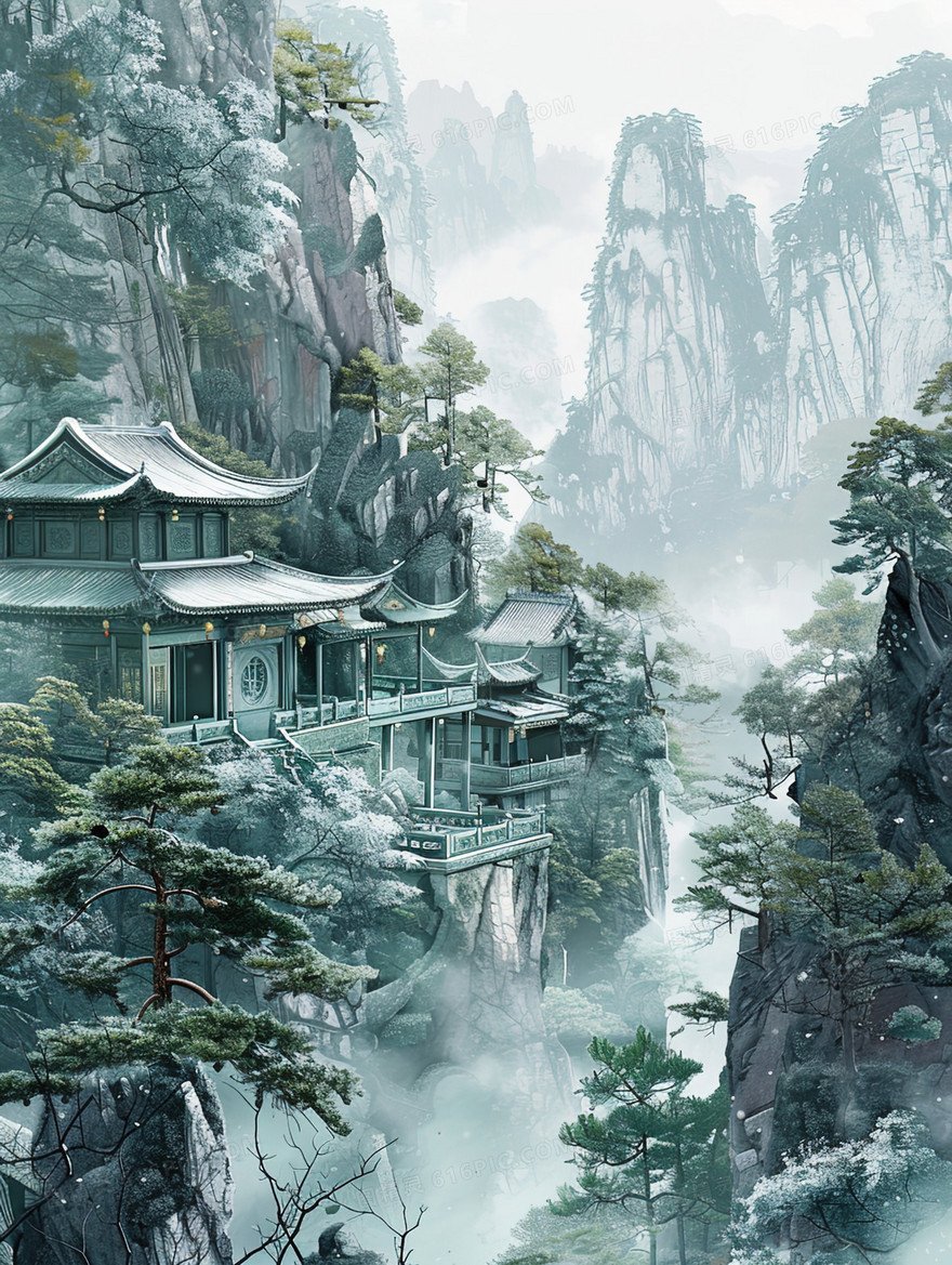 中国风唯美建筑风景插画