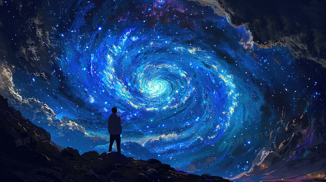 蓝色仰望星空的人物插画