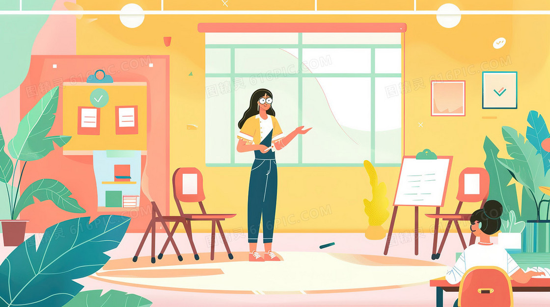 学校教室里的老师插画