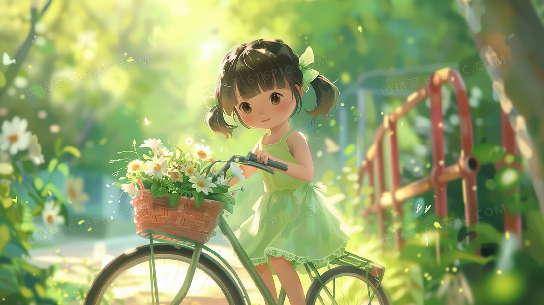 森林草地上骑自行车的小女孩插画