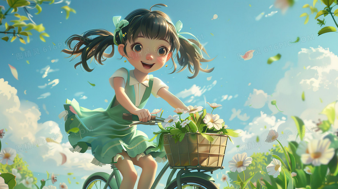 森林草地上骑自行车的小女孩插画
