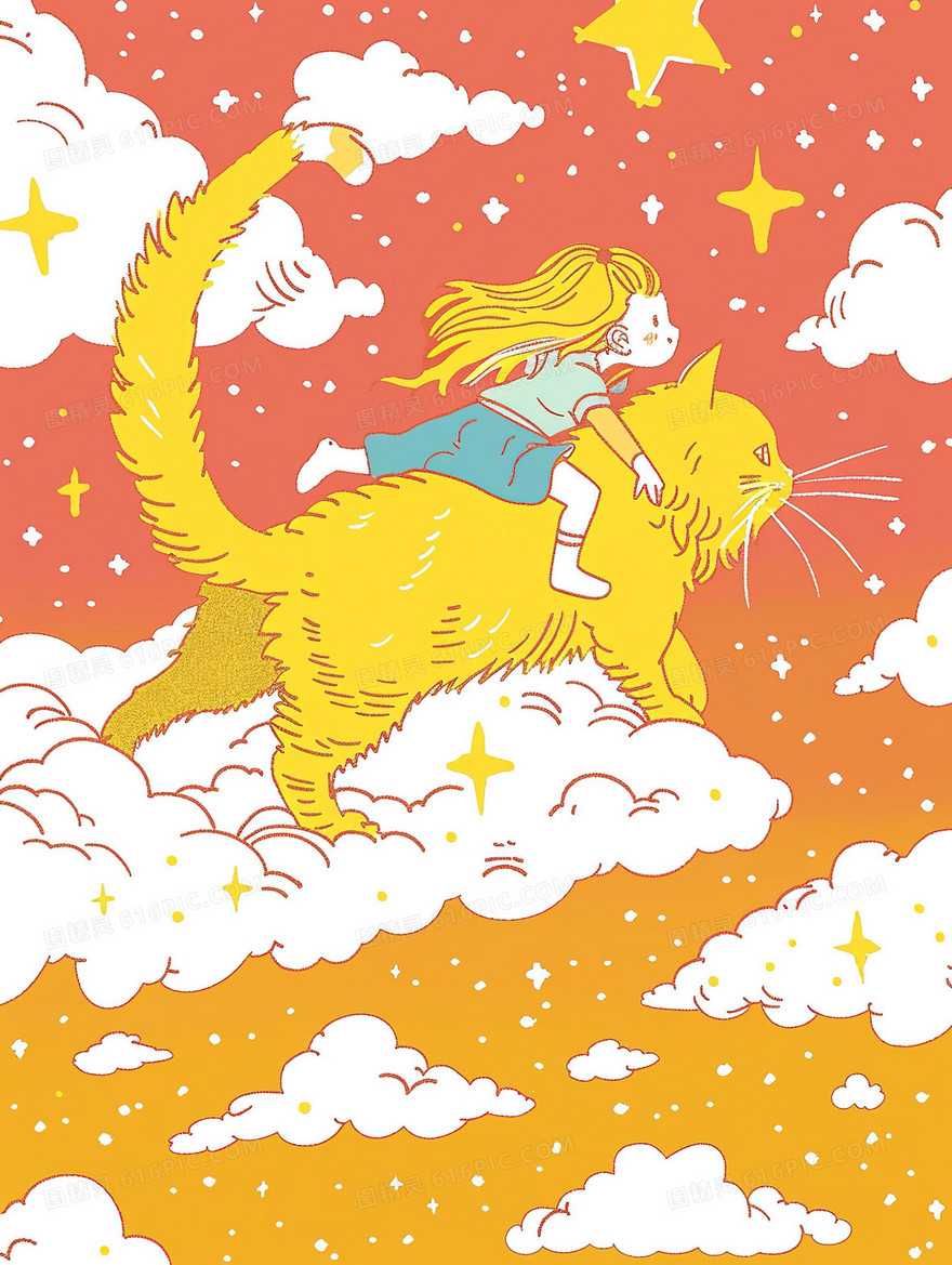 小女孩骑着猫咪在云层上漫步插画