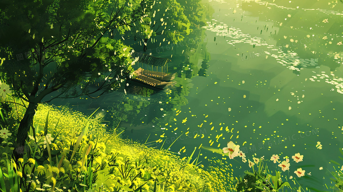 夏天唯美水面风景插画