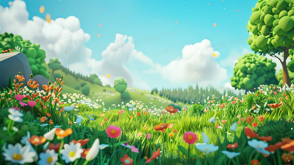 夏天草原上盛开的彩色小野花插画
