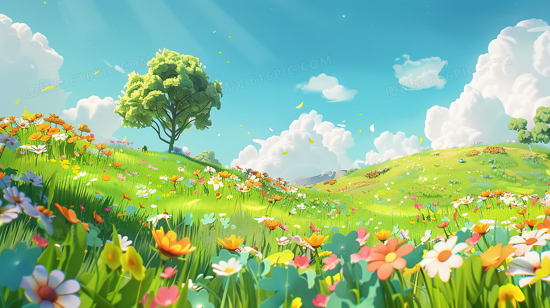 夏天草原上盛开的彩色小野花插画