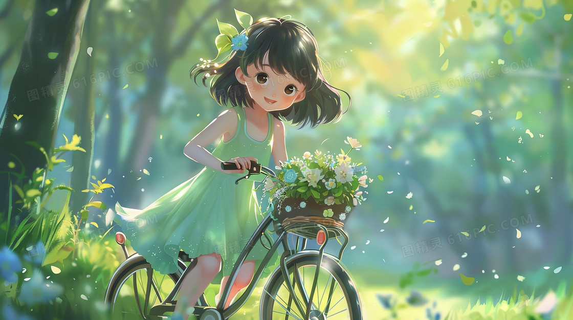 森林草地上骑自行车的小女孩插画