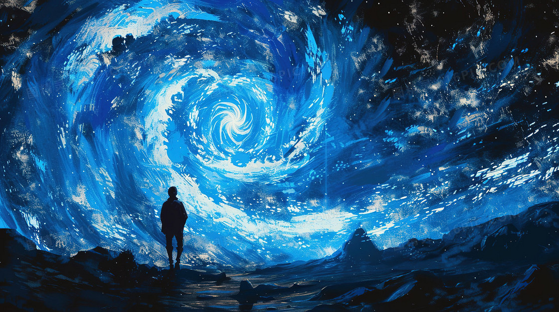 蓝色仰望星空的人物插画