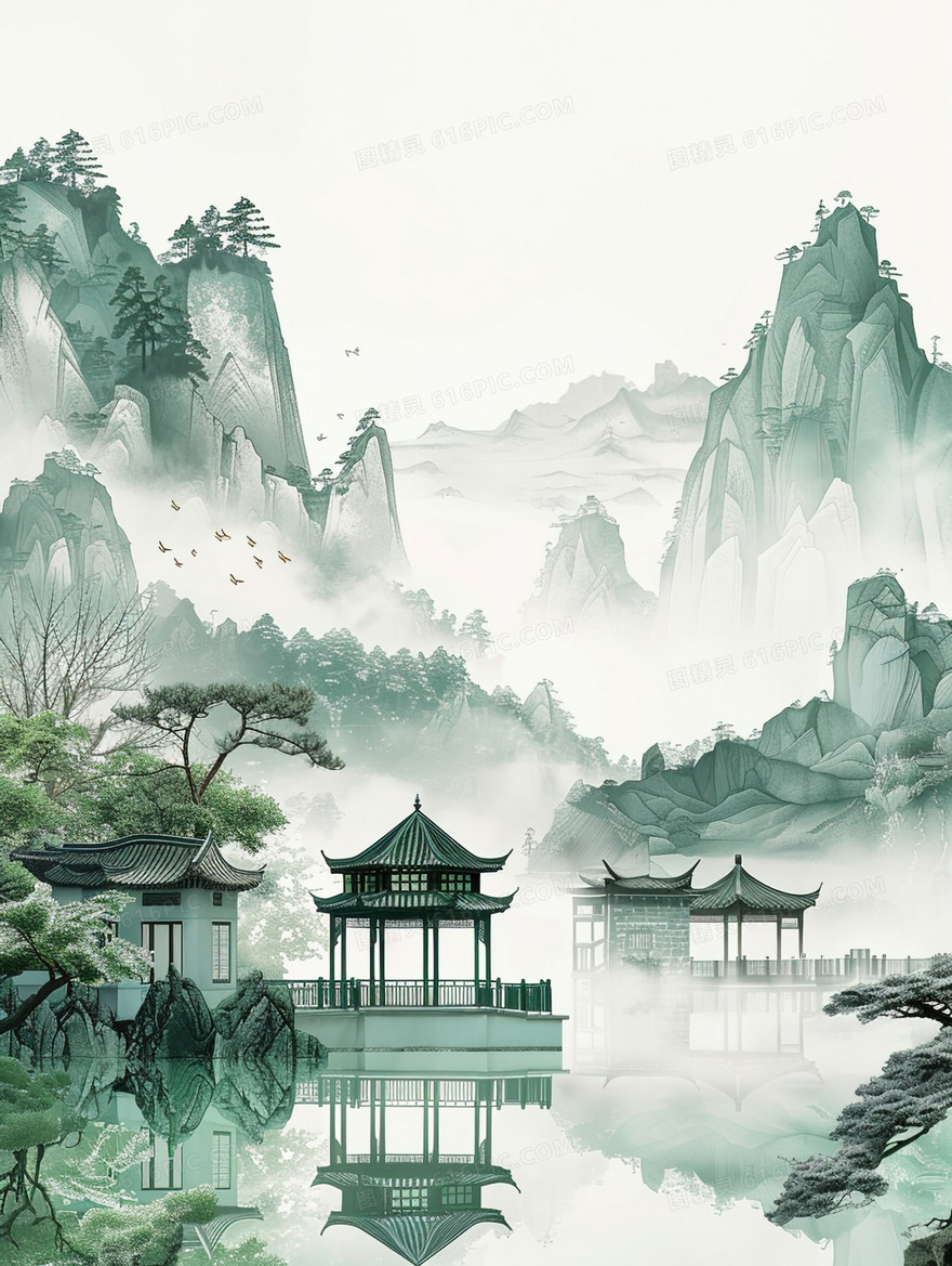 中国风唯美建筑风景插画