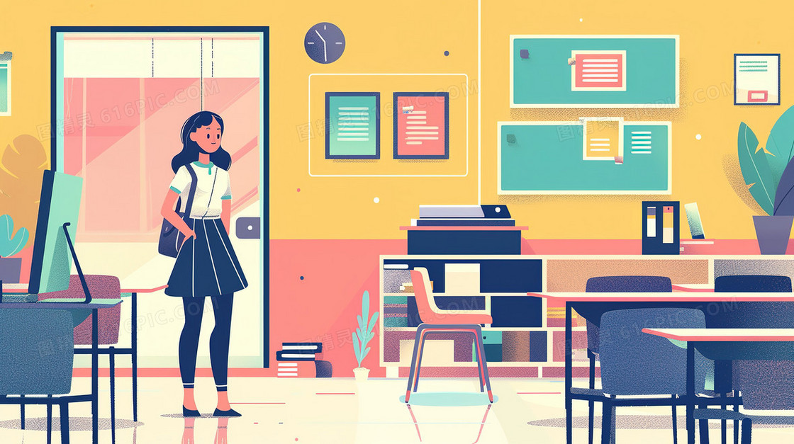 学校教室里的老师插画