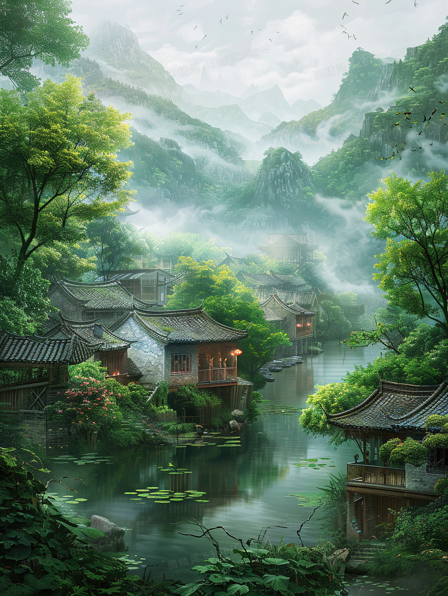 唯美乡村湖面自然风景插画