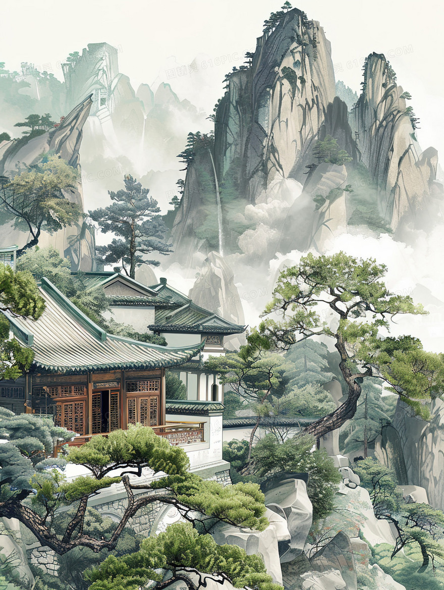 中国风唯美建筑风景插画