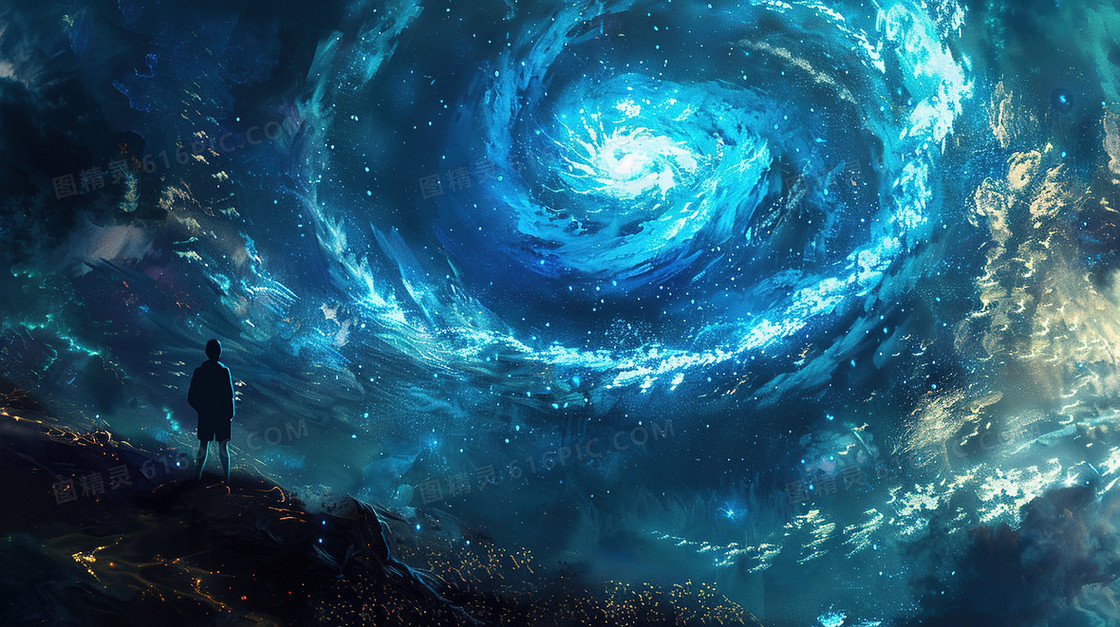 蓝色仰望星空的人物插画