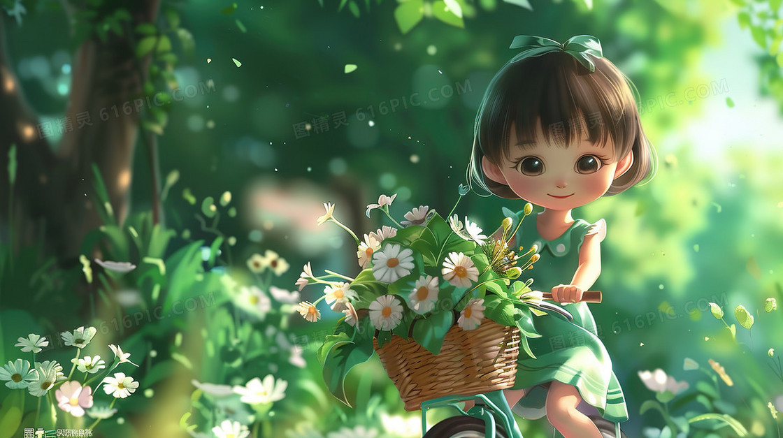 森林草地上骑自行车的小女孩插画